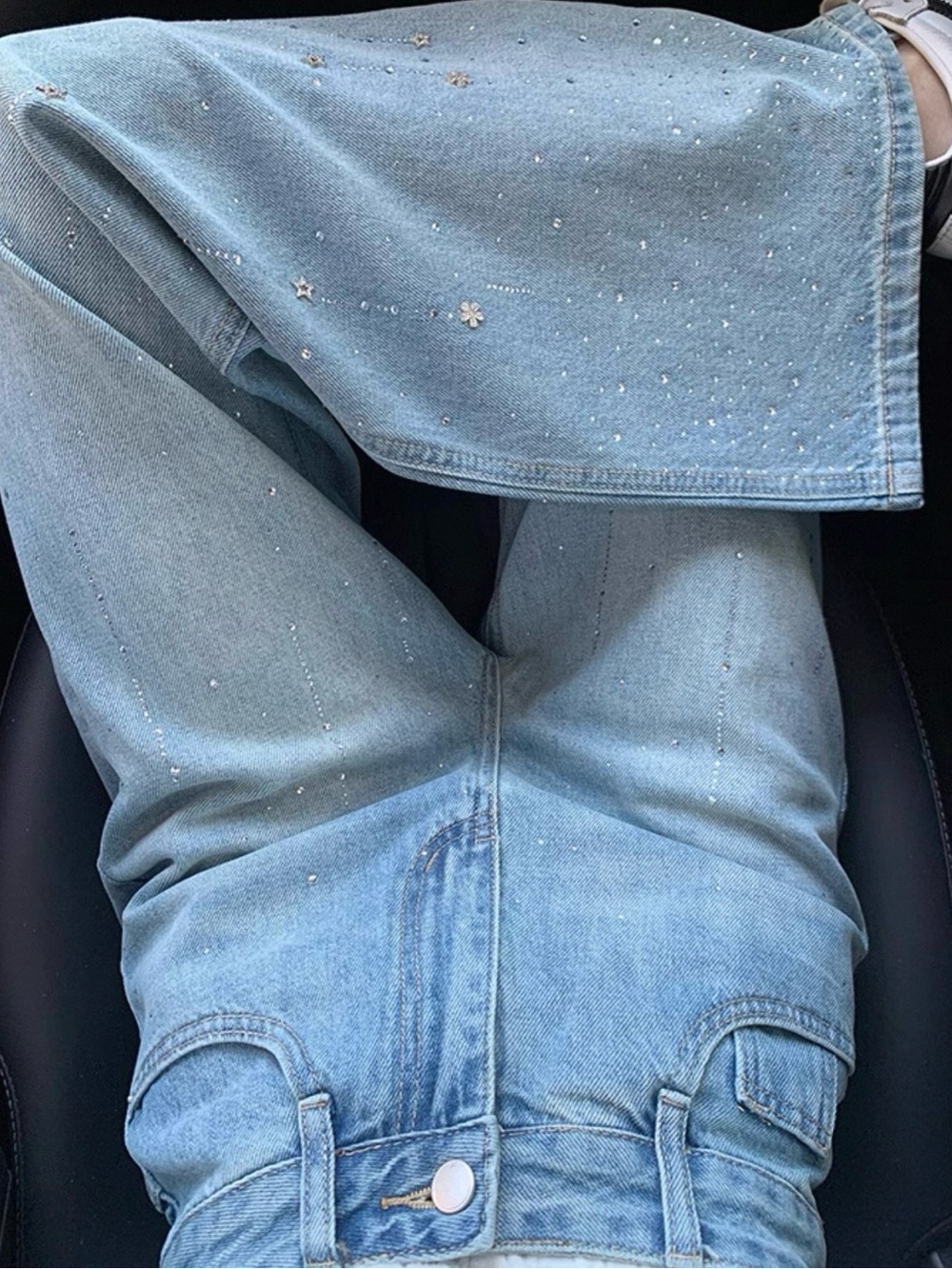 Light Blue Women's Jeans with Subtle Rhinestone Detail